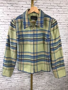 Requirements | Plaid Wool Blend Blazer in Pastel Blue and Green size 12